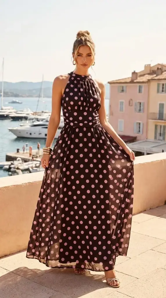 Longue robe à pois brune/rose