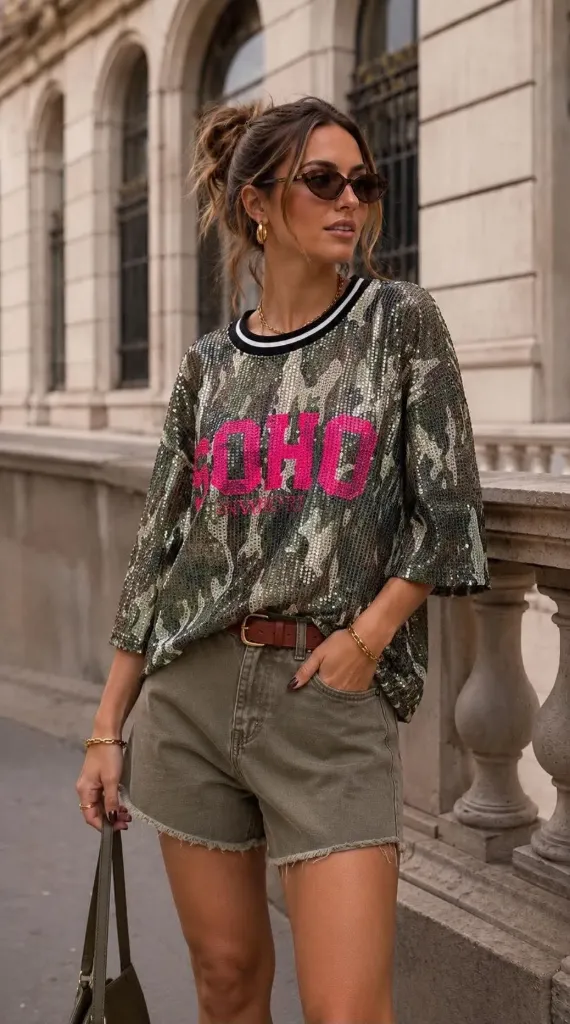 T-shirt sequins - army